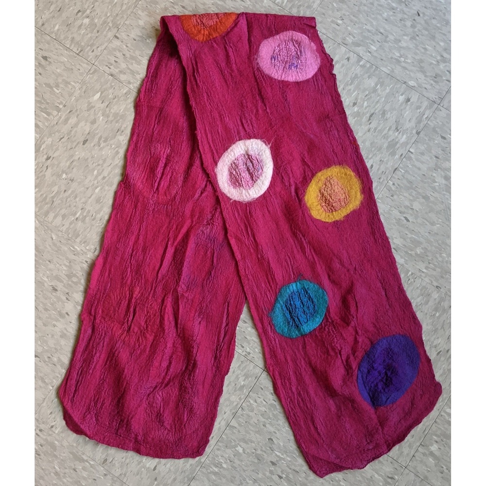 Handmade Felted Wool Scarf Magenta Polka Dot Artsy Art to Wear Accessory